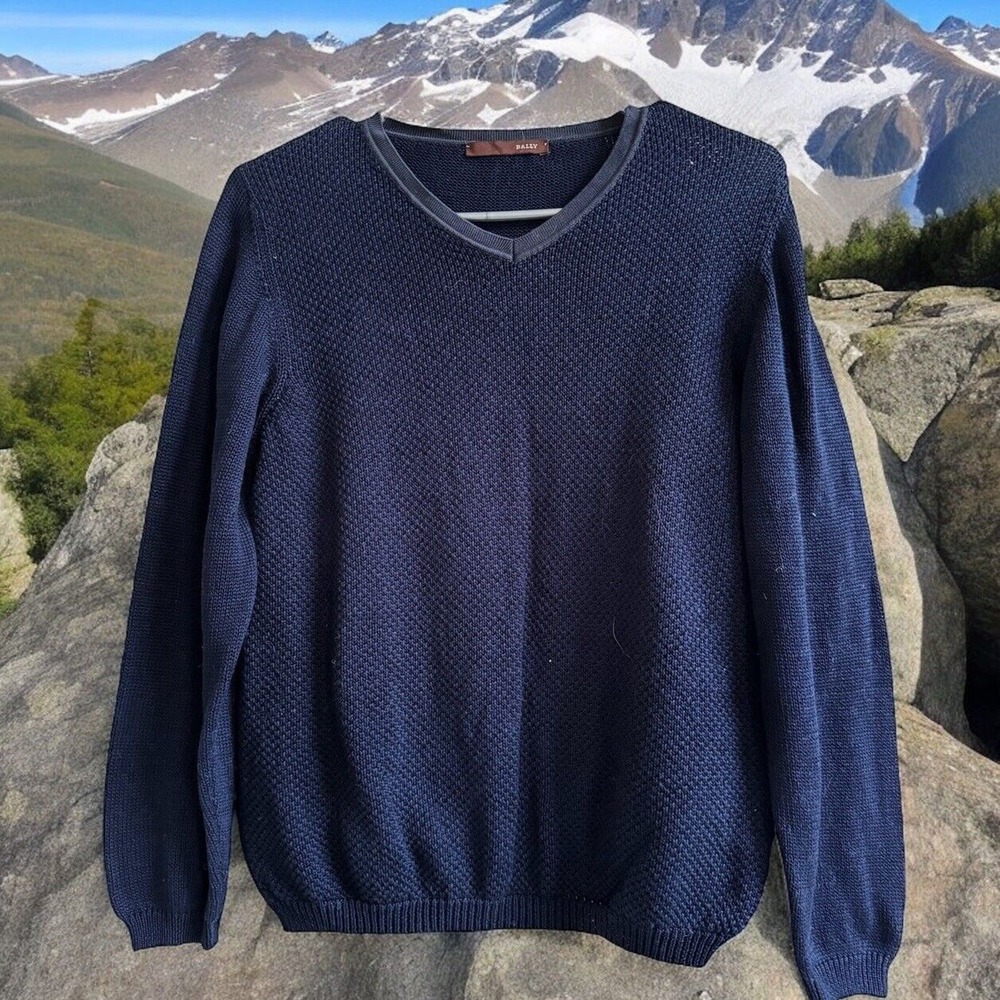 Vtg BALLY 100% Cotton Extra Fine Navy Blue Knit VNeck Sweater Jumper Unisex S 40